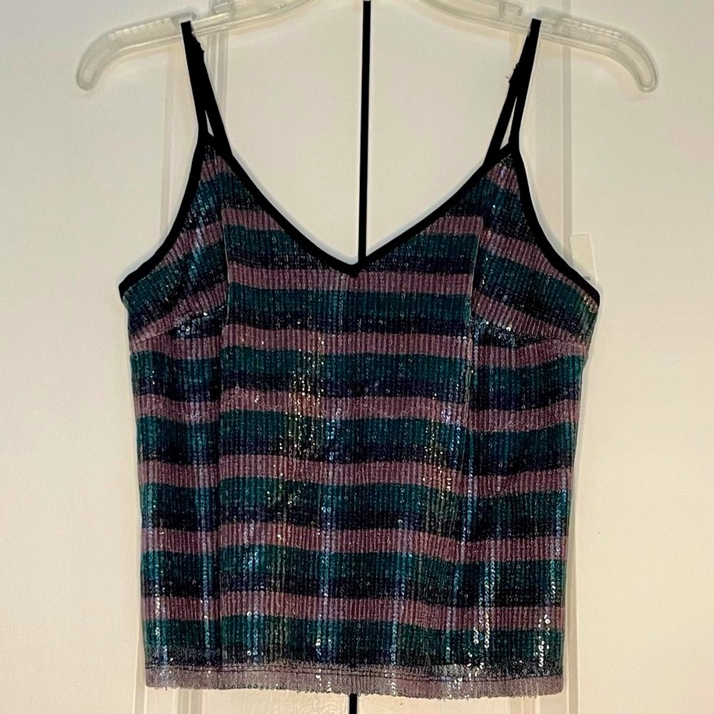 BNWT Wild Fable Women's Sequin Striped Crop Top (XS, Black/Green/Pink)